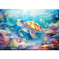 Kinderbehang van een schildpad die door een onderwaterwereld zwemt, omringd door vissen en oceaandetails.