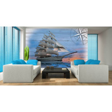 Een fotobehang van een schip op hout met een marine sfeer.