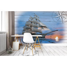 Een fotobehang met een schip op een houten achtergrond in een maritiem thema, geschikt voor een kantoor.