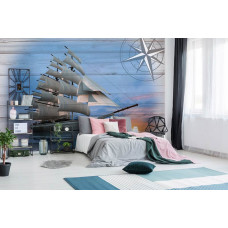 Een fotobehang met een houten plank achtergrond en een schip in marine stijl, passend in een slaapkamer.
