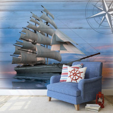 Een fotobehang met een schip en houten planken in maritieme stijl voor een woonkamer.