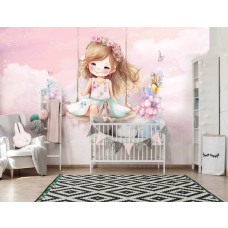 Een fotobehang van een meisje schommelen in de wolken in een babykamer.