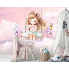 Een fotobehang van een meisje schommelen in de wolken op kinderbehang in een kinderkamer.