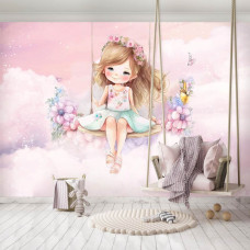 Een fotobehang van een meisje schommelen in de wolken in een kinderkamer.