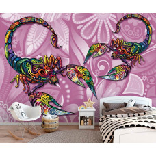 Een fotobehang met schorpioenen in een kleurrijk abstract ontwerp, ideaal voor een kinderkamer.