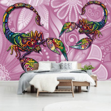 Een fotobehang met een abstracte weergave van schorpioenen in een kunstzinnige stijl voor de slaapkamer.