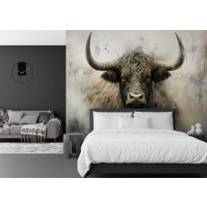 Fotobehang Schotse Hooglander in Industriële Stijl in de slaapkamer met krachtige uitstraling en zachte kleurovergangen.