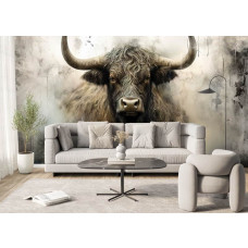 Fotobehang Schotse Hooglander in Industriële Stijl in de woonkamer met imposante hoorns en intense blik.