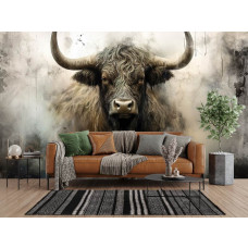 Fotobehang Schotse Hooglander in Industriële Stijl in de woonkamer met ruwe texturen en neutrale grijstinten.