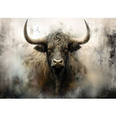 Fotobehang Schotse Hooglander in Industriële Stijl als productfoto met ruige vacht, lange hoorns en rauwe achtergrond.