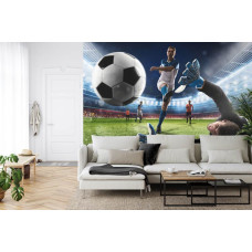 Een fotobehang met een voetbal op het punt van scoren in een stadion in een huiskamer.