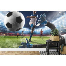 Een fotobehang met een voetbal op het punt van scoren in een stadion in een kinderkamer.