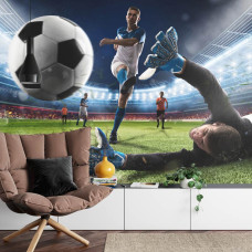 Een fotobehang met een voetbal op het punt van scoren in een stadion in een woonkamer.