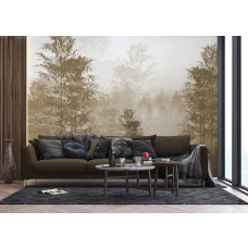 Een sfeervol fotobehang van een sepia bos in een moderne woonkamer, combineert natuur met een tijdloze en warme uitstraling.