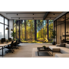 Fotobehang van een sfeervol boslandschap in een eigentijds kantoor.