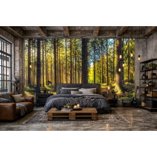 Fotobehang met een zonnig dennenbos in een moderne slaapkamer met natuurlijke sfeer.