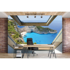 Een fotobehang met een iconisch scheepswrakstrand op Zakynthos, geschikt voor een kantoor.