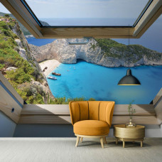 Een fotobehang van Shipwreck Beach op Zakynthos, met een scheepswrak op het strand voor de woonkamer.