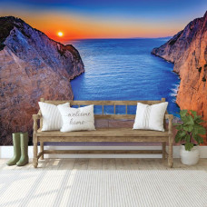 Een fotobehang van Shipwreck Beach op Zakynthos met een scheepswrak op het strand in Griekenland te zien in de huiskamer.