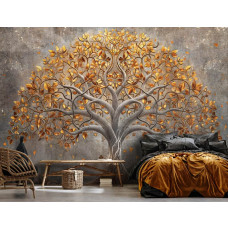 Een fotobehang met een sierlijke boom in een abstract design, ideaal voor een slaapkamer.