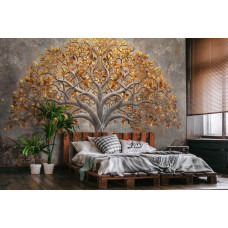 Een fotobehang met een sierlijke boom in abstracte stijl, bedrukt op vliesbehang, passend in een slaapkamer.