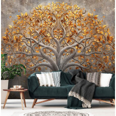 Een fotobehang met een sierlijke boom in een abstract kunstontwerp, gedrukt op vliesbehang, perfect voor een woonkamer.