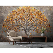 Een fotobehang met een sierlijke boom in een abstract design, geschikt voor een woonkamer.