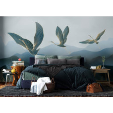 Een fotobehang met sierlijke gouden kraanvogels in de slaapkamer, waarin de sierlijke kraanvogels en subtiele metallic details een elegante en serene ambiance creëren.