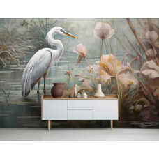 Een fotobehang met een sierlijke reiger in een meer met bloemen in de woonkamer.