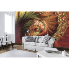 Een fotobehang van sierlijke rode verenpracht met abstract kunst voor in de huiskamer.