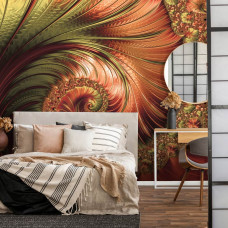 Een fotobehang van sierlijke rode verenpracht met abstract kunst voor de slaapkamer op vliesbehang.