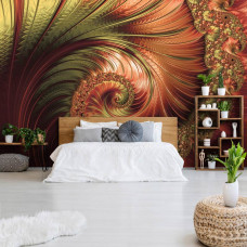 Een fotobehang van sierlijke rode verenpracht met abstract kunst voor de slaapkamer.