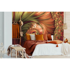 Een fotobehang van sierlijke rode verenpracht met abstract kunst op vliesbehang voor de slaapkamer.