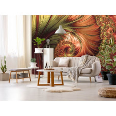 Een fotobehang van sierlijke rode verenpracht met abstract kunst op vliesbehang voor de woonkamer.