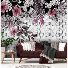 Een fotobehang van sierplanten op een betonnen muur met roze bloemen te zien in de huiskamer.