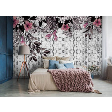 Een fotobehang van sierplanten op een betonnen muur met roze bloemen te zien in de slaapkamer.