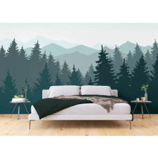 Een fotobehang van het silhouet van dennenbomen en bergen in een slaapkamer.