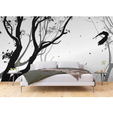 Een fotobehang van een silhouet van een bos met een vogel in de wind in een slaapkamer.