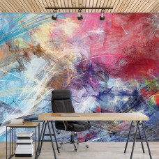 Een fotobehang met schetsmatige abstracte kleuren in een kunstzinnige stijl voor een kantoor.