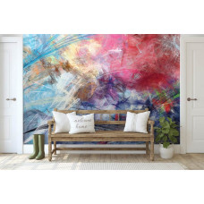 Een fotobehang met kleurrijke schetsen in abstracte kunststijl voor een woonkamer.