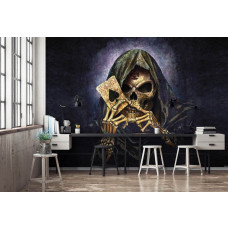 Een fotobehang met een skelet en een aas voor de huiskamer.