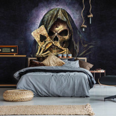 Een fotobehang met een skelet en een aas voor de slaapkamer.