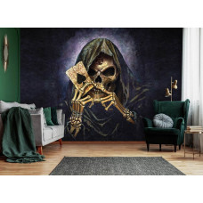 Een fotobehang met een skelet en een aas voor de woonkamer.