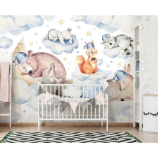 Een fotobehang van slapende dieren voor de babykamer.