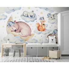 Een fotobehang van slapende dieren in een kindvriendelijk ontwerp voor de kinderkamer.