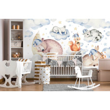 Een fotobehang met dieren die slapen, ideaal voor de babykamer.