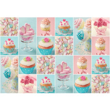Fotobehang met cupcakes, snoep en koekjes in pastelkleuren, ideaal voor kinderkamers of keukens.