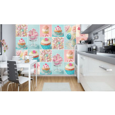 Een fotobehang met roze en blauwe koekjes en snoep voor de kinderkamer en babykamer.