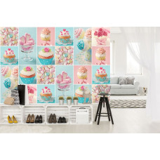 Een fotobehang van snoep en cupcakes in roze en blauw, geschikt voor de bakkerij.