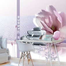 Een fotobehang van roze bloemen en stenen met een zen-ontwerp voor een kantoor.